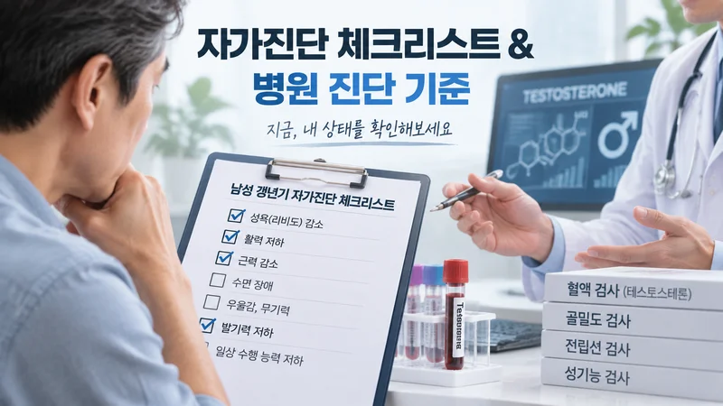 남성 갱년기 자가진단 체크리스트와 혈액 검사 및 병원 진단 과정을 보여주는 의료 상담 이미지