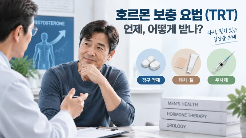 남성 호르몬 보충 요법(TRT)의 치료 방법과 전문의 상담 과정을 보여주는 호르몬 치료 이미지