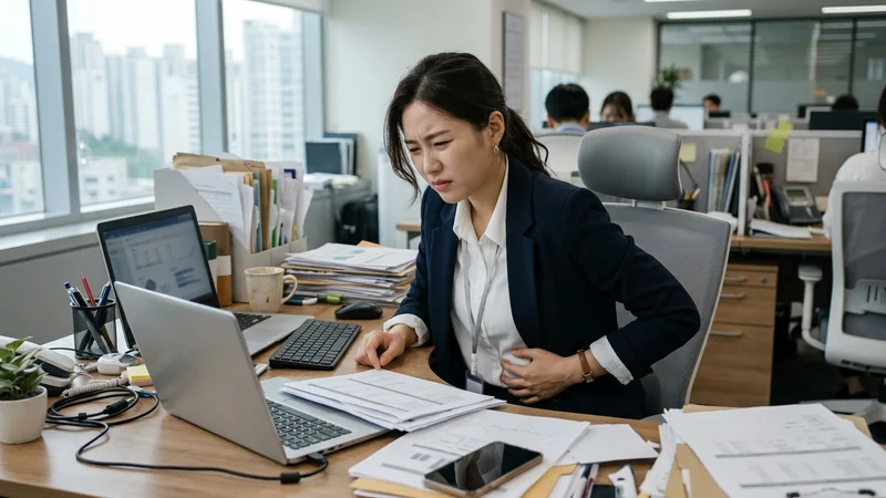 직장인이 사무실 책상에서 복부 불편감을 호소하며 배를 짚고 있는 모습, 스트레스성 소화불량 증상 표현