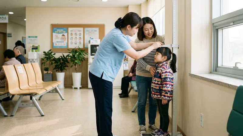 보건소 진료실에서 어린이의 키와 몸무게를 측정하는 의사