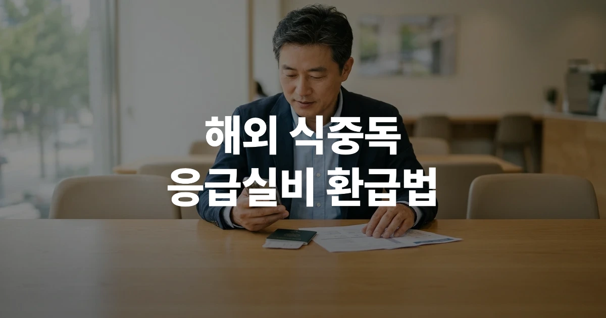 해외여행 중 스마트폰으로 여행자보험 약관을 확인하는 중장년 남성의 모습