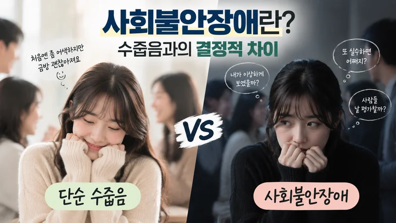단순한 수줍음과 사회불안장애의 차이를 밝은 모습과 불안한 모습의 비교 장면으로 표현한 이미지