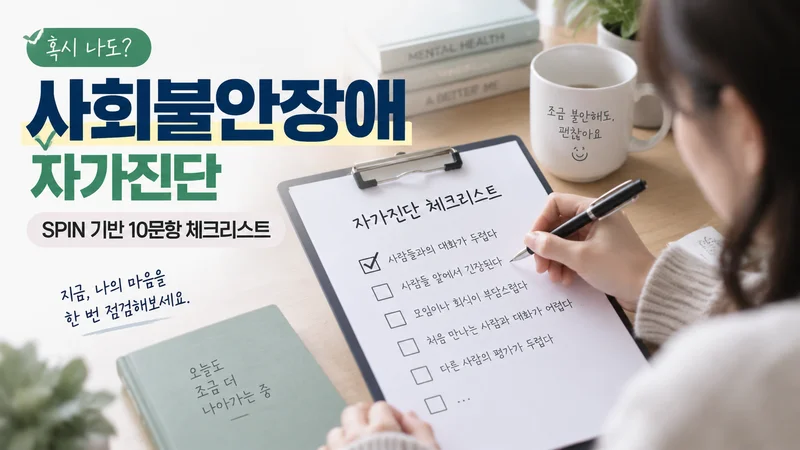 사회불안장애 SPIN 기반 자가진단 체크리스트를 작성하며 자신의 상태를 점검하는 모습을 담은 이미지