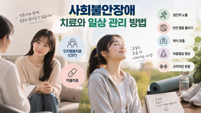 사회불안장애 치료와 일상 관리 방법을 상담, 인지행동치료, 운동과 호흡 관리 장면으로 표현한 이미지