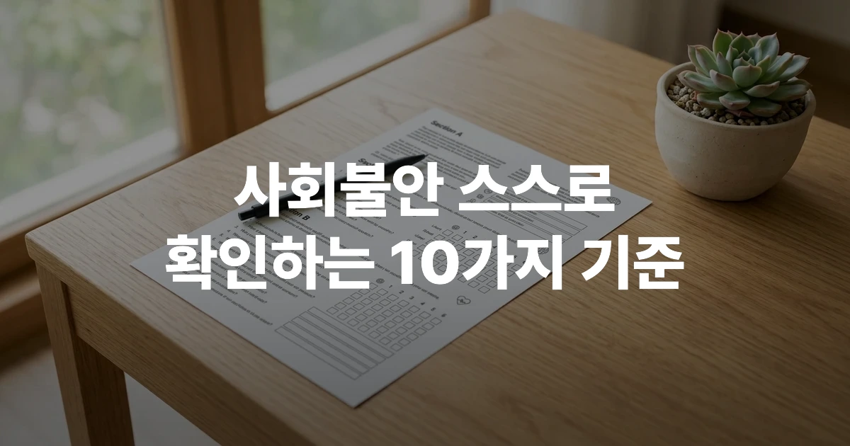 사회불안장애 자가진단 체크리스트와 펜이 놓인 깔끔한 책상