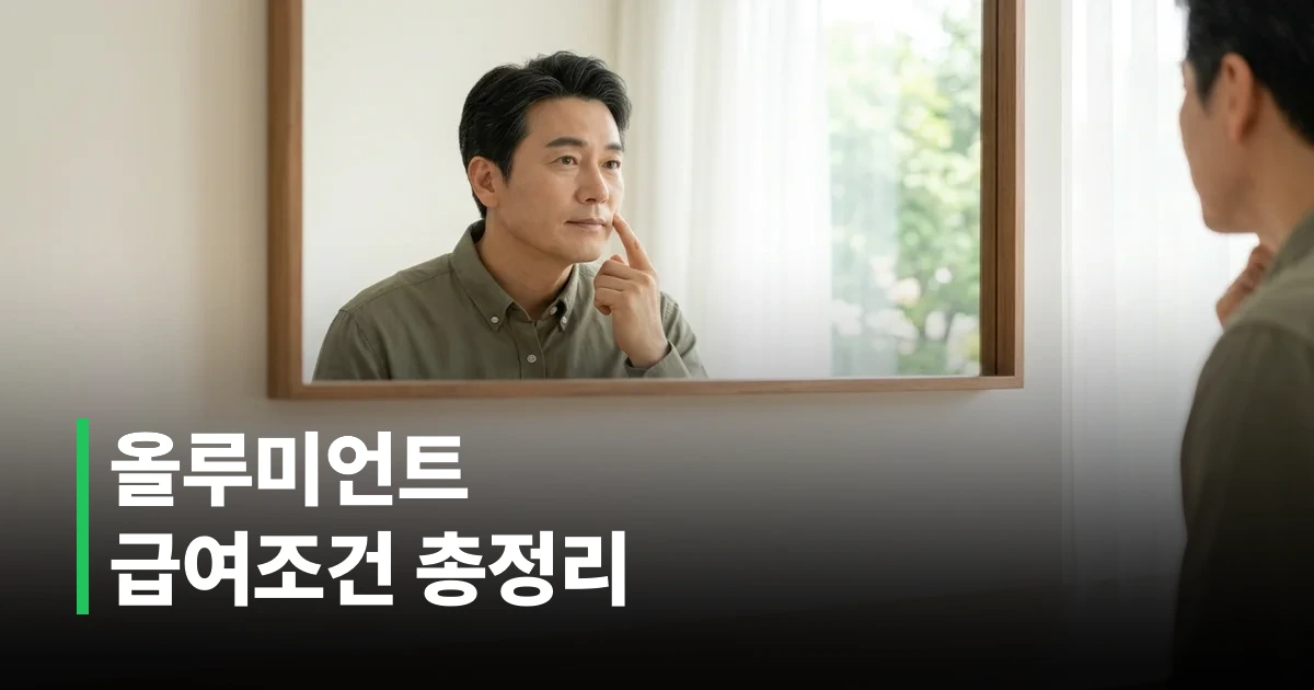 올루미언트 건강보험 적용 조건을 확인하기 위해 거울을 보는 50대 한국인 남성의 모습