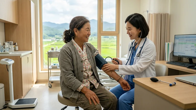 밝은 의원에서 전문의에게 꼼꼼하게 무릎 관절 진찰을 받고 있는 여성 농업인의 건강검진 모습