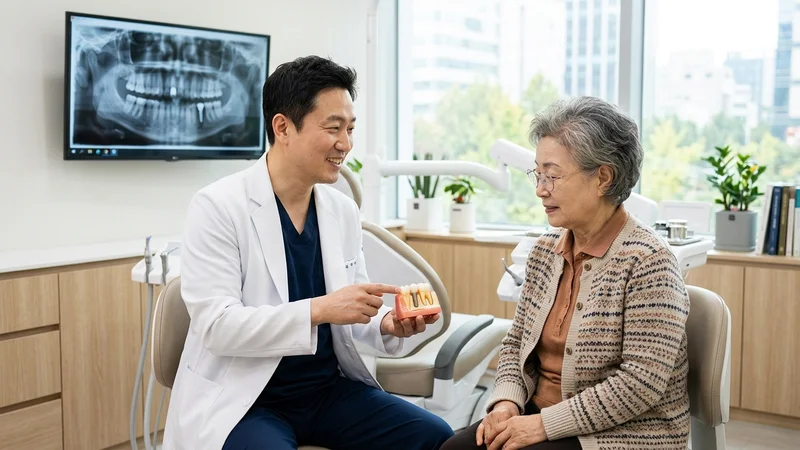 치과의사가 한국인 환자에게 임플란트 모형과 엑스레이를 설명하는 모습
