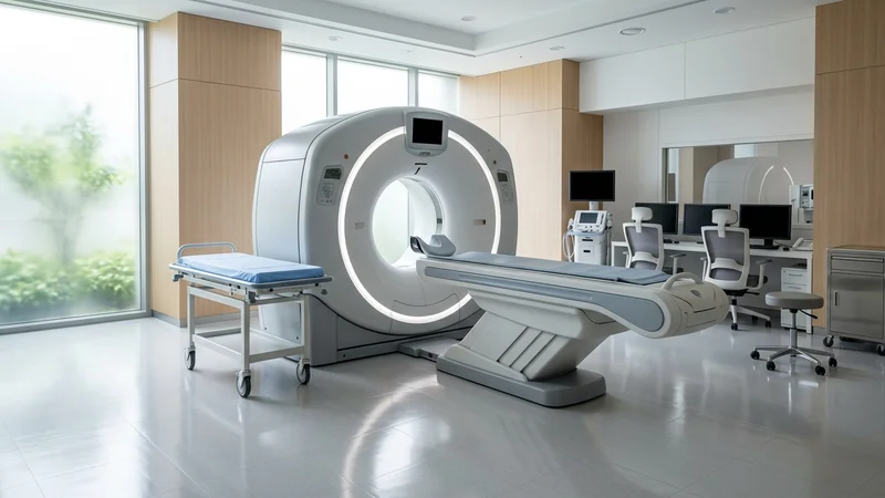 현대적인 대학병원 검사실에 위치한 고정밀 암 진단용 PET CT 의료 장비 전경