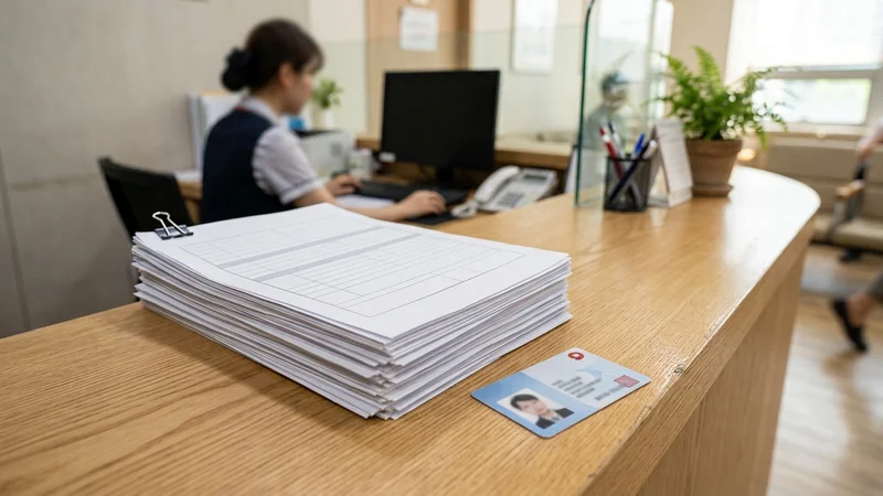 병원 접수대에 놓인 진료 서류와 건강보험증 더미