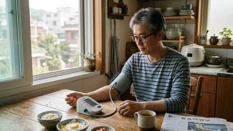 다양한 고혈압 치료제 알약과 물컵이 놓인 테이블