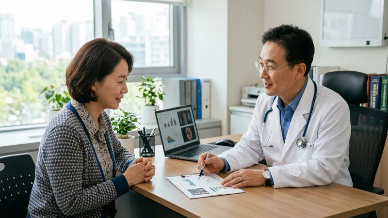 밝은 병원 상담실에서 의사가 한국인 환자에게 암검진 결과를 친절하게 설명하는 모습