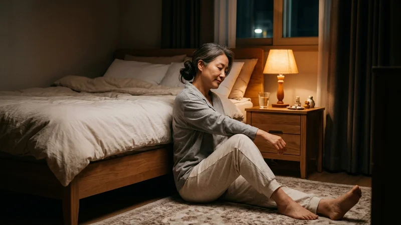 취침 전 스트레칭으로 몸을 이완하는 한국인 중년 여성