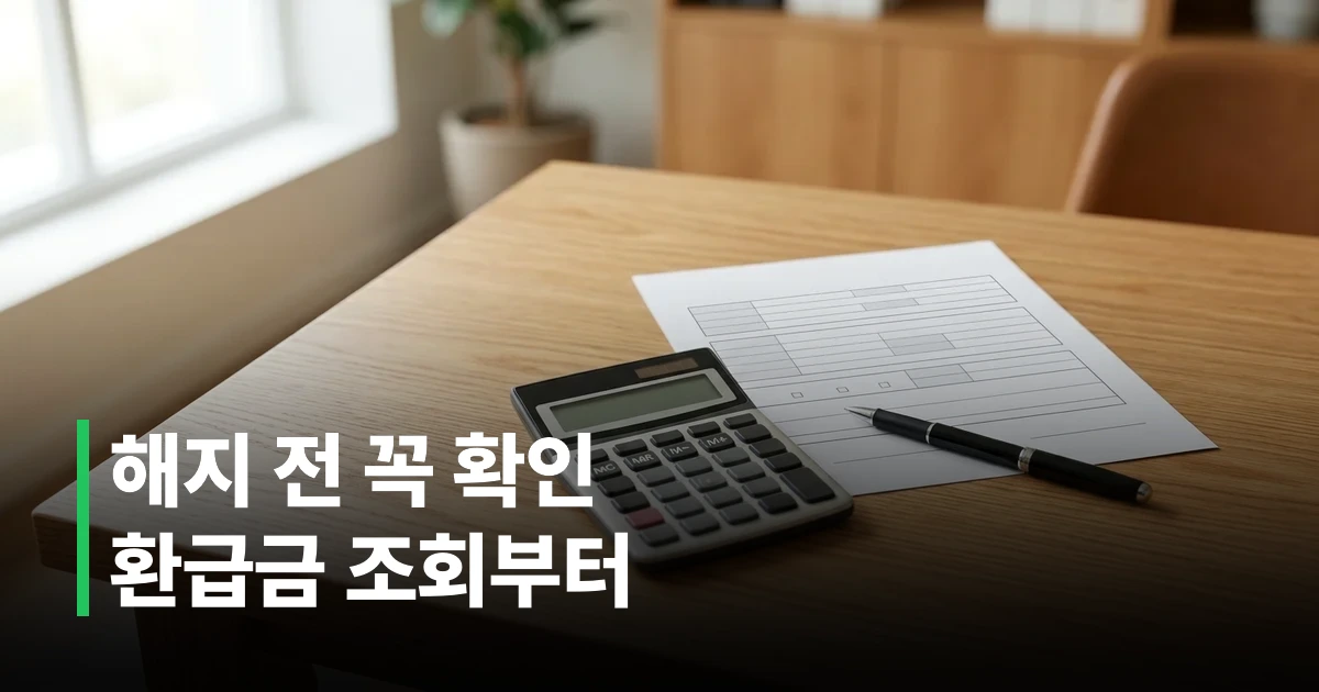 보험 서류와 계산기, 해지환급금 계산 예시가 놓인 책상