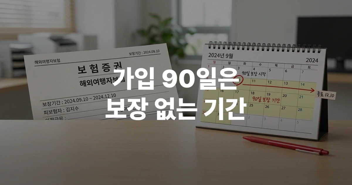 달력에 90일 면책기간이 표시된 암보험 약관 서류