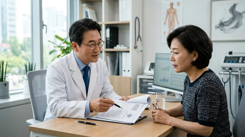 밝은 진료실에서 한국인 의사에게 건강검진 결과표를 보며 상담을 받고 있는 50대 한국인 여성