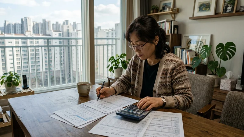 부동산 서류와 계산기가 놓인 책상에서 재산 보험료를 계산하는 모습