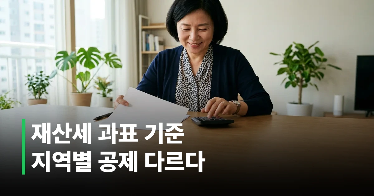 재산세 납세고지서와 계산기를 보며 건강보험료를 확인하는 한국인 중장년 세대주