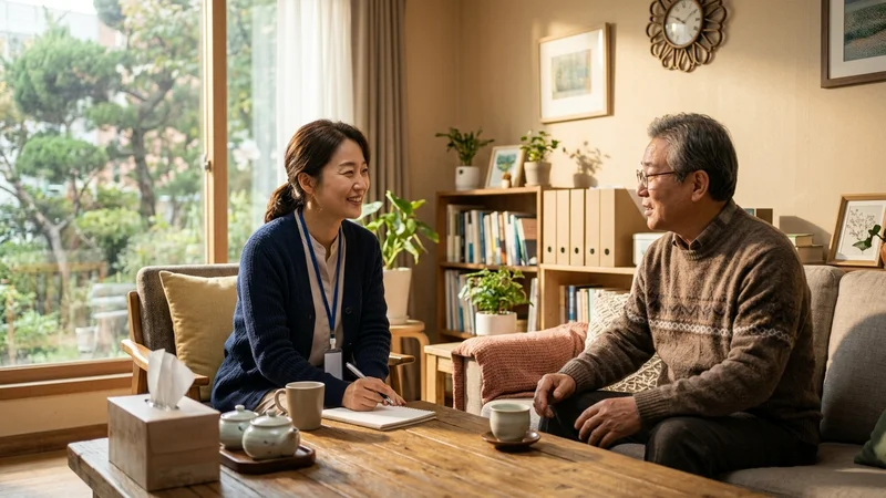 종합병원 사회사업실 내부와 상담용 탁자 및 안내 리플릿