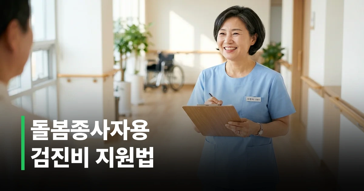 상담 테이블에서 건강검진 신청 서류를 준비하는 50대 여성 사회서비스 종사자