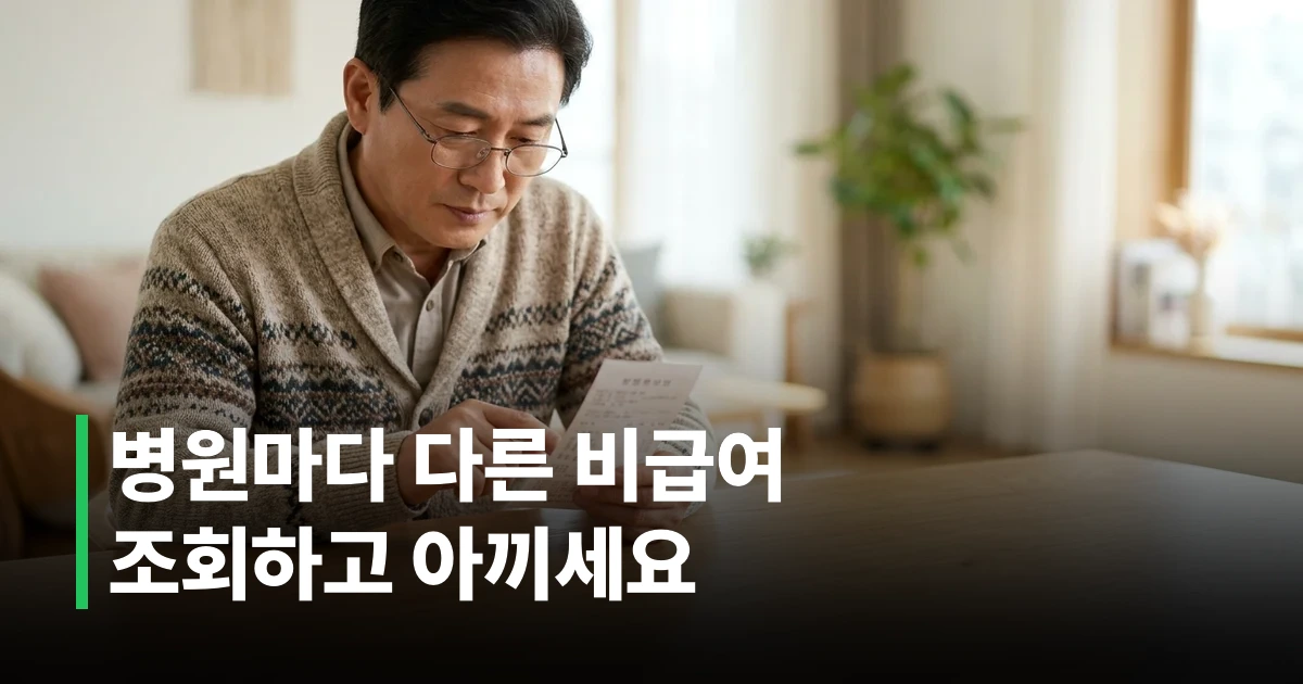 건강보험 비급여 진료비 기준을 확인하기 위해 병원비 영수증과 고지표를 돋보기로 꼼꼼히 살피는 모습
