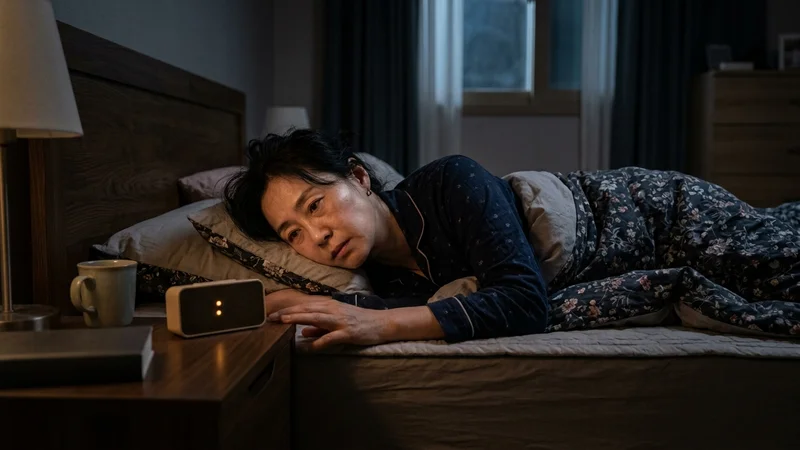 침실에서 수면 환경을 점검하는 중년 한국인 부부