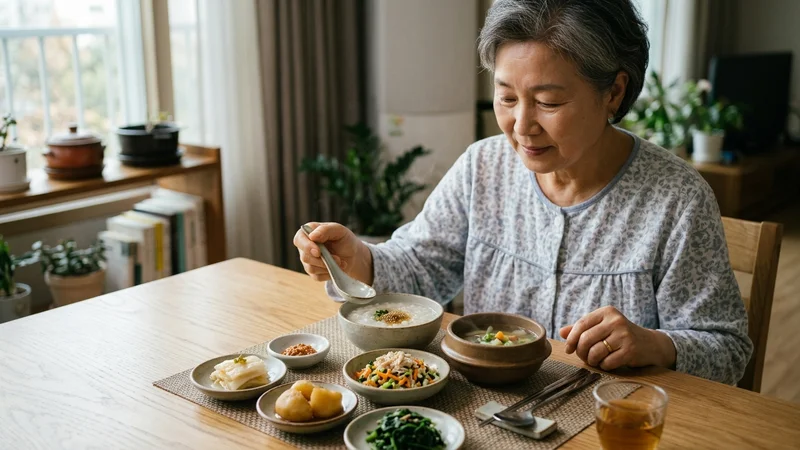위 절제술 후 단계별 식사 진행을 보여주는 미음, 죽, 진밥 순서의 그릇들