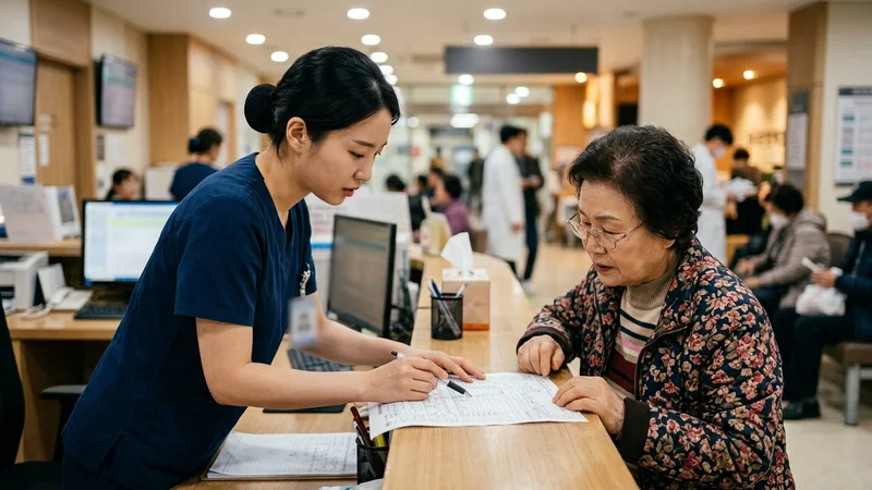 응급실 접수대에서 진료비 영수증을 확인하는 모습