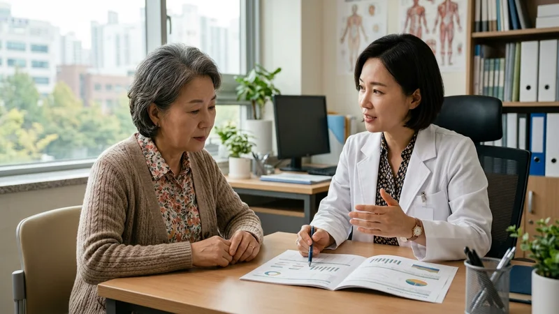 병원의 진료실에서 한국인 의사가 50대 환자에게 건강검진 결과를 설명하는 장면