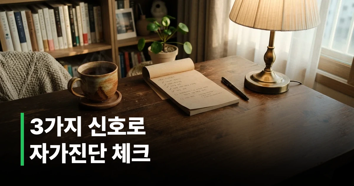 번아웃 자가진단 체크리스트가 적힌 노트와 따뜻한 차 한 잔이 놓인 책상