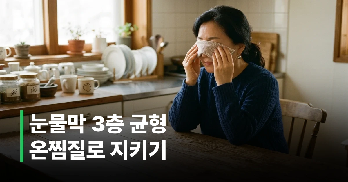 따뜻한 찜질기로 눈을 관리하는 한국인 중년 여성의 모습