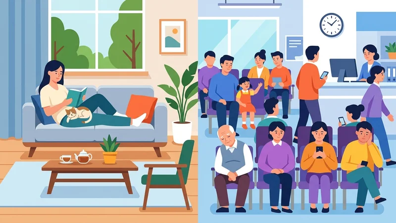 평온한 거실과 분주한 병원을 대비하는 플랫 벡터 일러스트