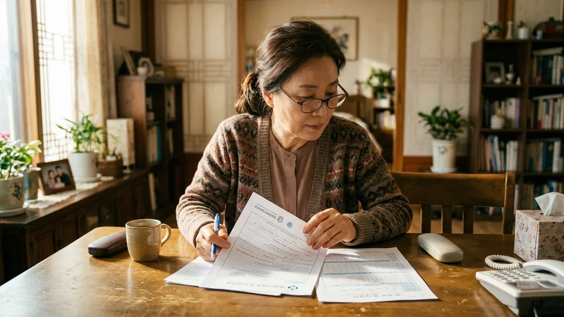 한국인 60대 여성이 거실 테이블에 앉아 안경을 쓰고 꼼꼼하게 병원 진료비 영수증과 서류를 살펴보고 있는 모습