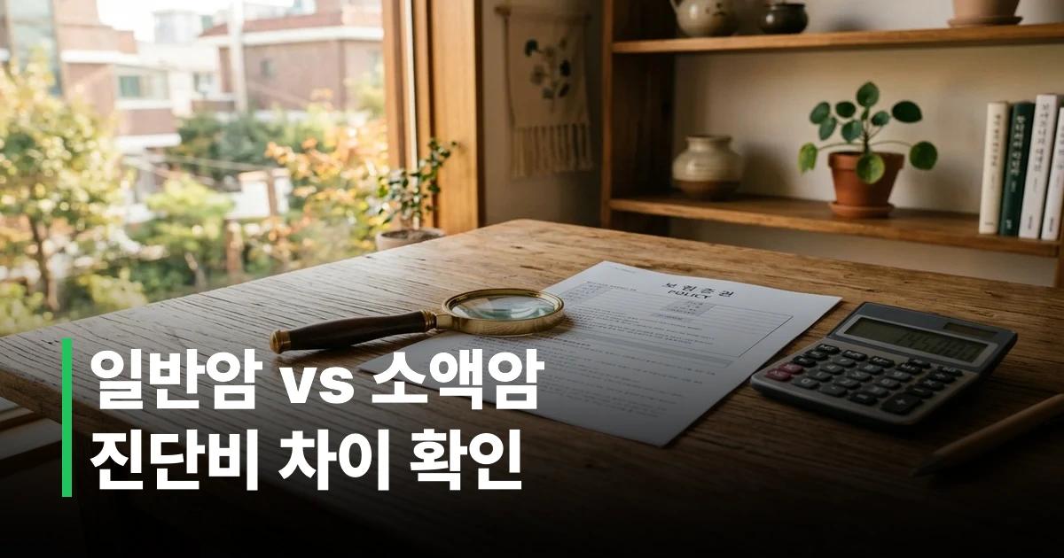암보험 약관과 보험증권, 돋보기가 놓인 책상