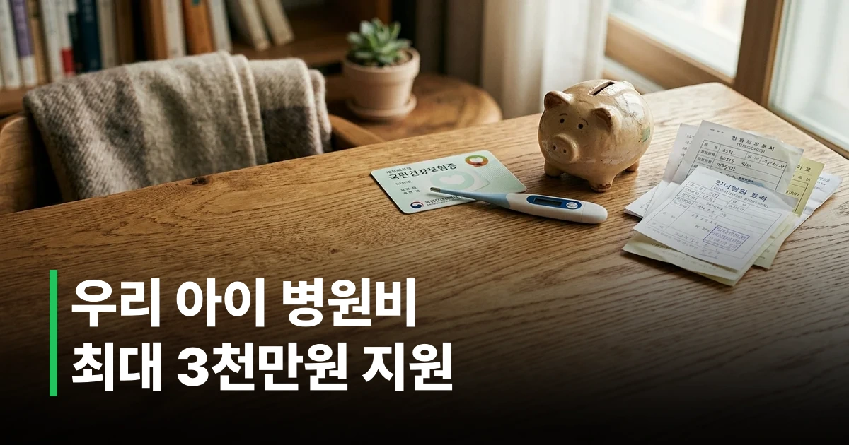 아동 병원비 지원 정책 신청 서류와 디지털 체온계 및 저금통