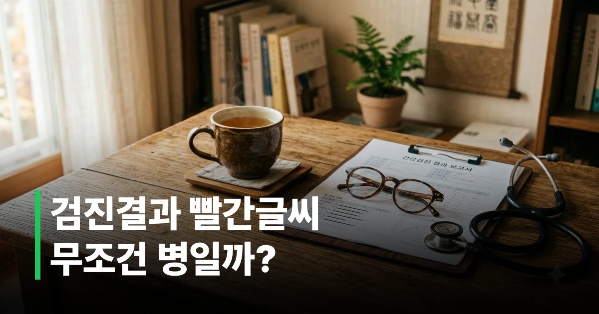 건강검진 결과지를 확인하며 안경을 쓰고 수치를 비교하는 모습