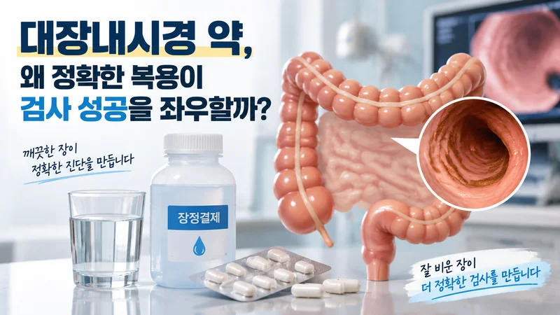 대장내시경 장정결제를 시간에 따라 나누어 복용하는 분할복용 과정을 보여주는 일정표 형태의 이미지