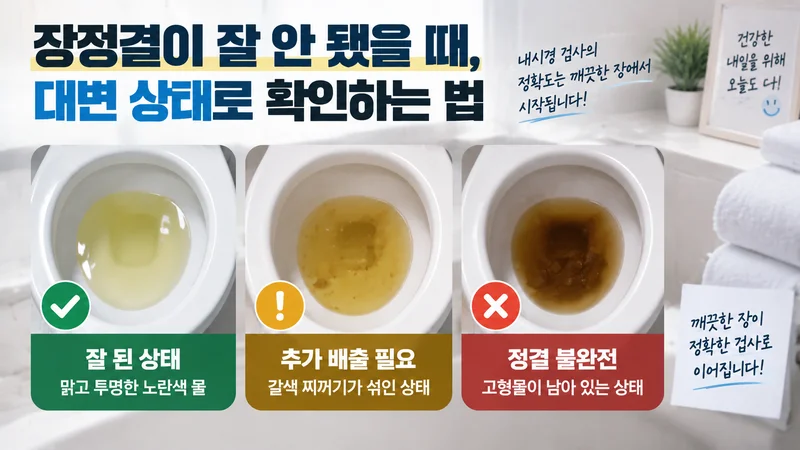 대장내시경 전 장정결 완료 여부를 배출물 색상과 상태로 확인하는 방법을 설명하는 이미지