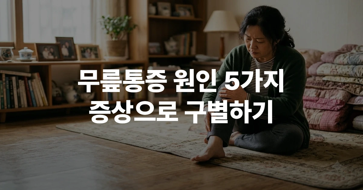 한국인 중년 여성이 거실에서 무릎을 손으로 짚으며 통증을 느끼는 모습