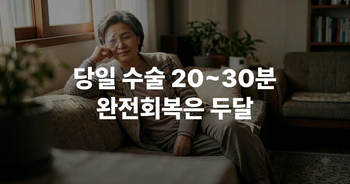 백내장 수술 후 눈 보호안대를 착용하고 휴식하는 모습