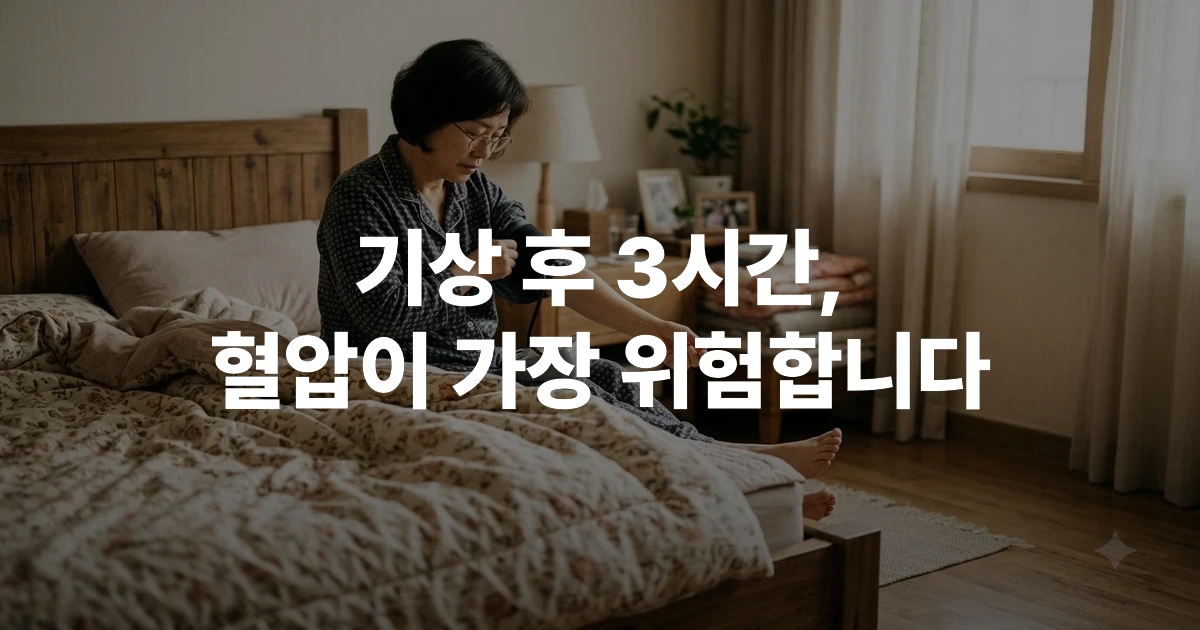 아침에 일어나 침대에 앉아 혈압계로 혈압을 측정하는 모습