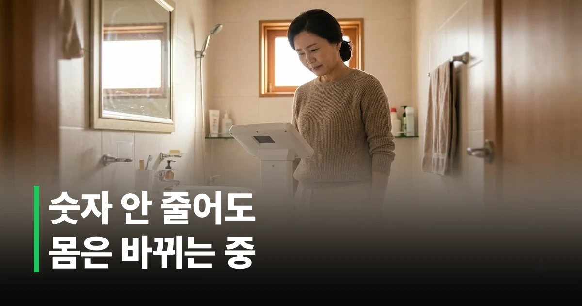 정체된 체중계 숫자를 확인하는 중년 여성의 모습