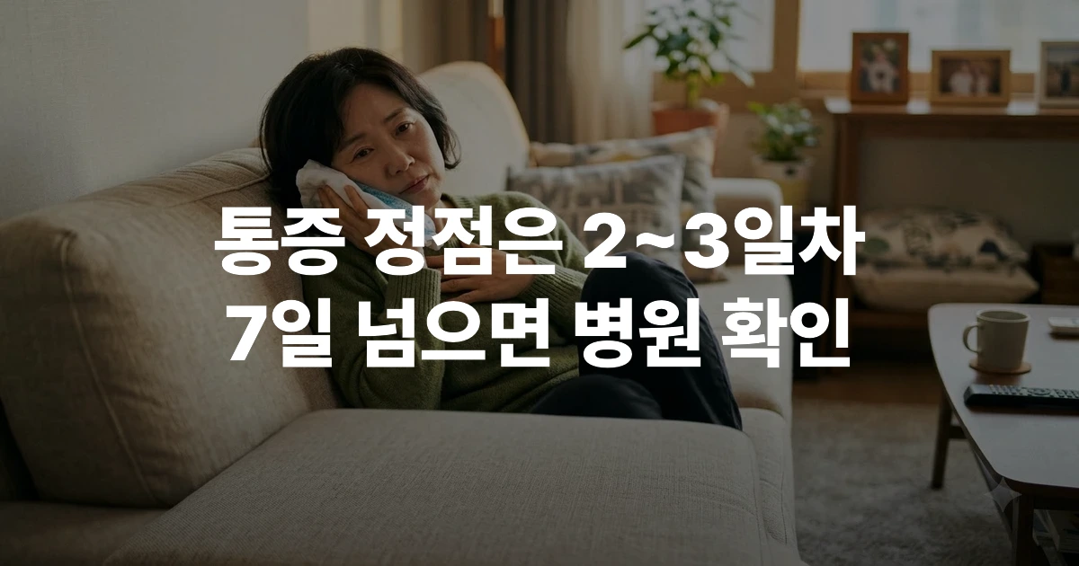 사랑니 발치 후 얼굴에 냉찜질팩을 대고 있는 한국인 중년 남성
