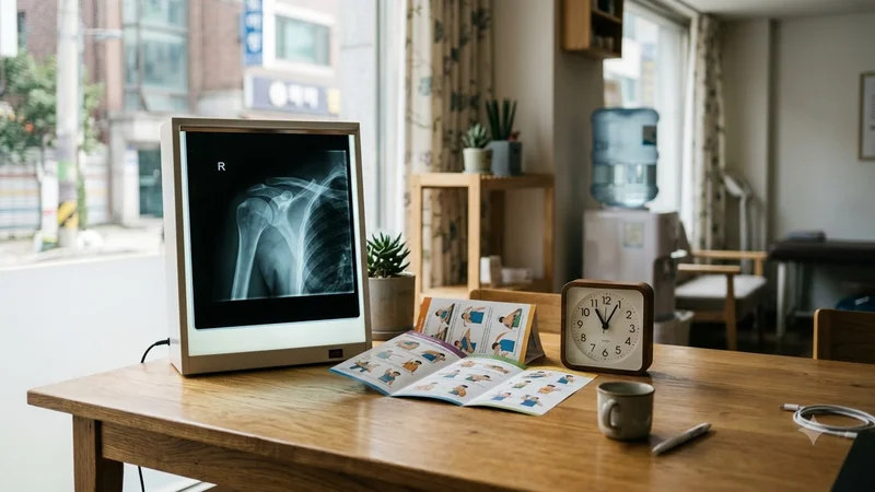 클리닉 책상 위에 어깨 X-ray 필름과 물리치료 팜플렛이 놓여 있고 시계가 보이는 모습