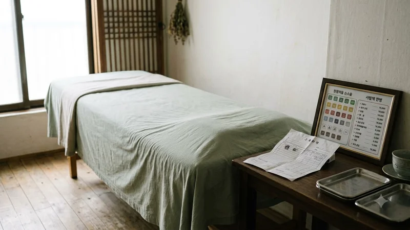 진료비 영수증과 가격표가 침 치료 테이블 옆에 놓여 있는 모습