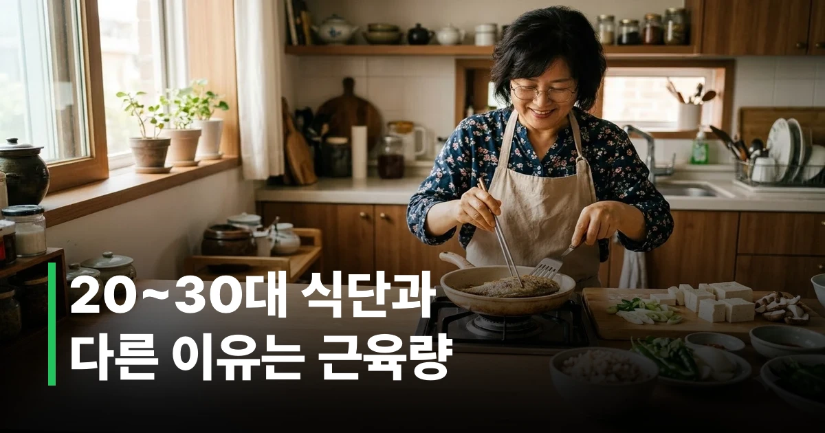 40~60대 성인이 단백질 위주의 건강한 식단을 준비하는 모습
