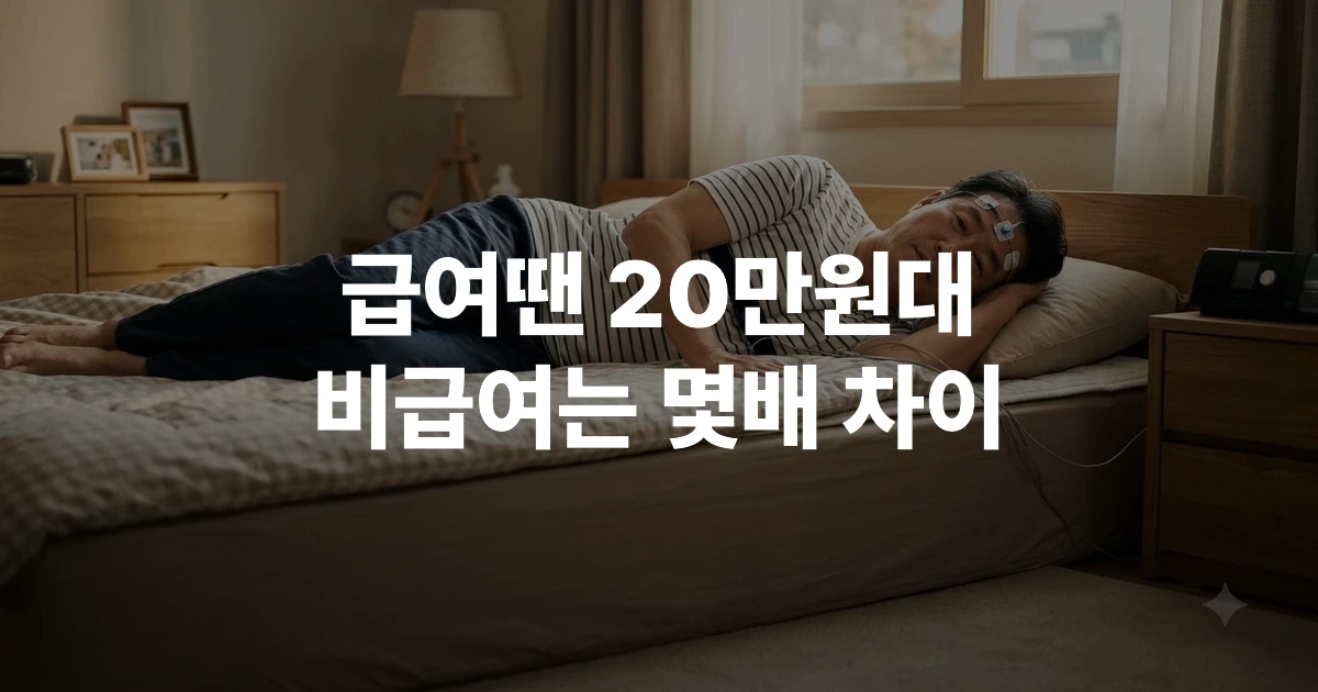 수면다원검사를 받기 위해 센서를 부착하고 침대에 누운 한국인 중년 남성