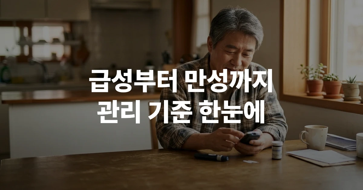 혈당 측정기와 혈당 수첩을 확인하는 한국인 중년 남성