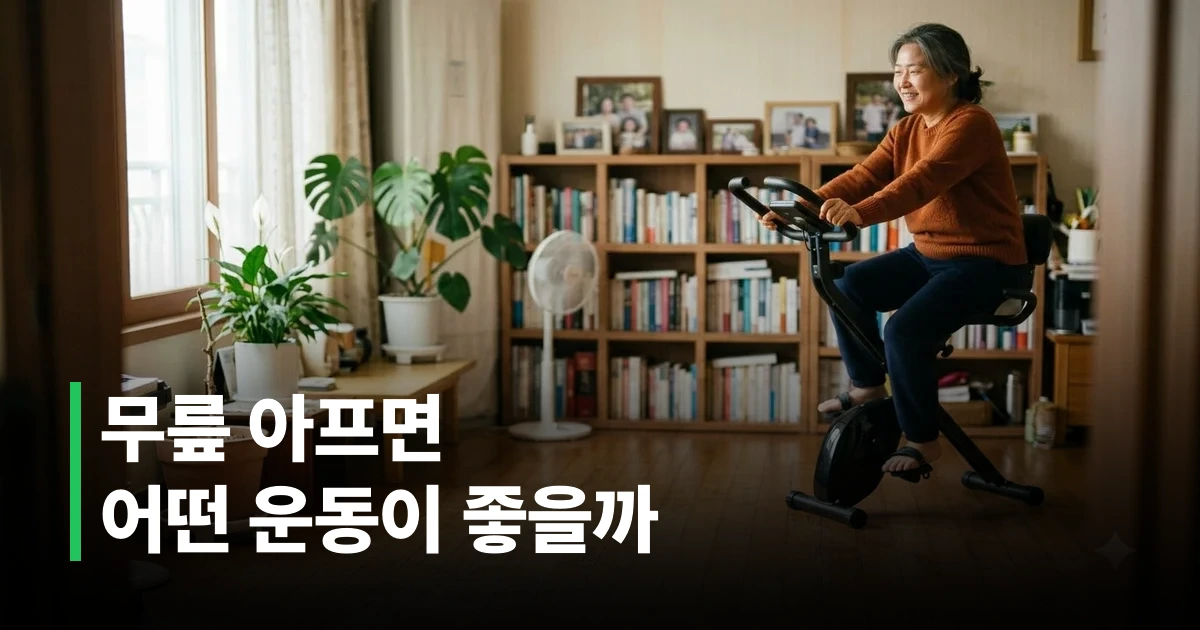 무릎 통증이 있는 중년 여성이 실내 자전거로 운동하는 모습