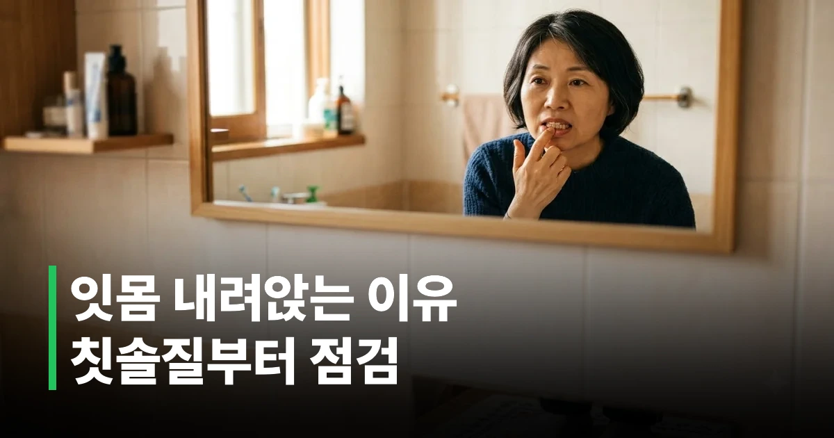 거울을 보며 잇몸 상태를 살피는 40대 한국인의 모습